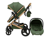 Carucior Belecoo 3 in 1 cu suspensii si roti cauciuc plin, reversibil, accesorizat culoare bej/maro BBD530WVERDE