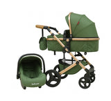 Carucior Belecoo 3 in 1 cu suspensii si roti cauciuc plin, reversibil, accesorizat culoare bej/maro BBD530WVERDE