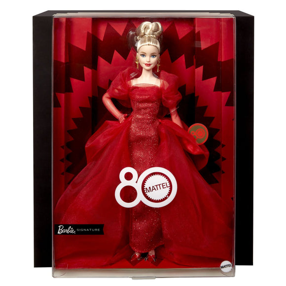 BARBIE SIGNATURE ANIVERSARE 80 DE ANI PAPUSA BARBIE BLONDA CU ROCHIE DE BAL ROSIE
