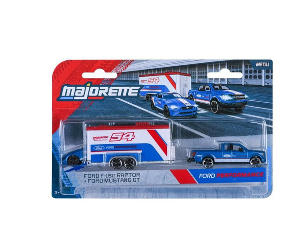 MAJORETTE TRANSPORTER SET REMORCA DE CURSE DELUXE FORD F 150 RAPTOR SI MASINUTA FORD MUSTANG GT