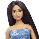 PAPUSA BARBIE FASHIONISTA CU PARUL MOV SI ROCHITA CU FLUTURASI