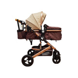 Carucior Belecoo , model 2 in 1 cu suspensii si roti cauciuc plin ,recomandat 0-36 luni, culoare bej/maro , BBDBLCBM