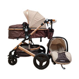 Carucior Belecoo 3 in 1 cu suspensii si roti cauciuc plin, reversibil, accesorizat culoare bej/maro BBD530WBM