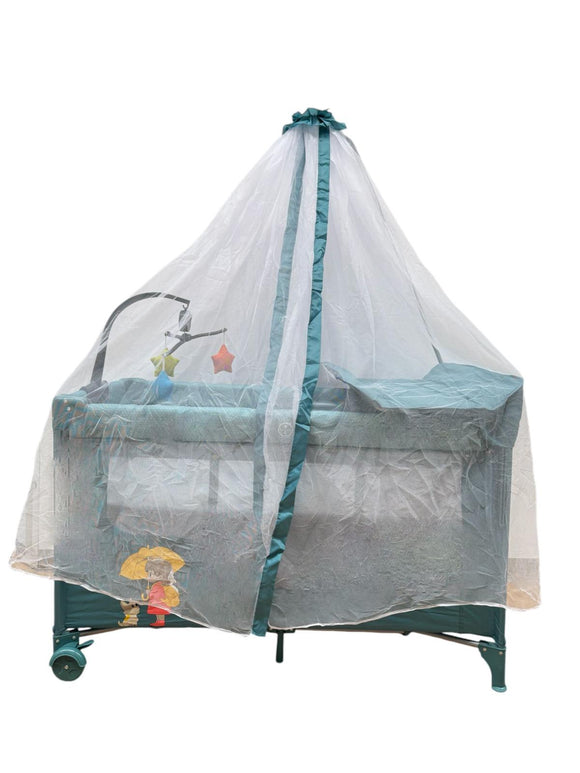 Patut pentru bebelusi cu baldachin,BBDP01 , laterala pliabila cu masa de infasat si carusel ,ALBASTRU