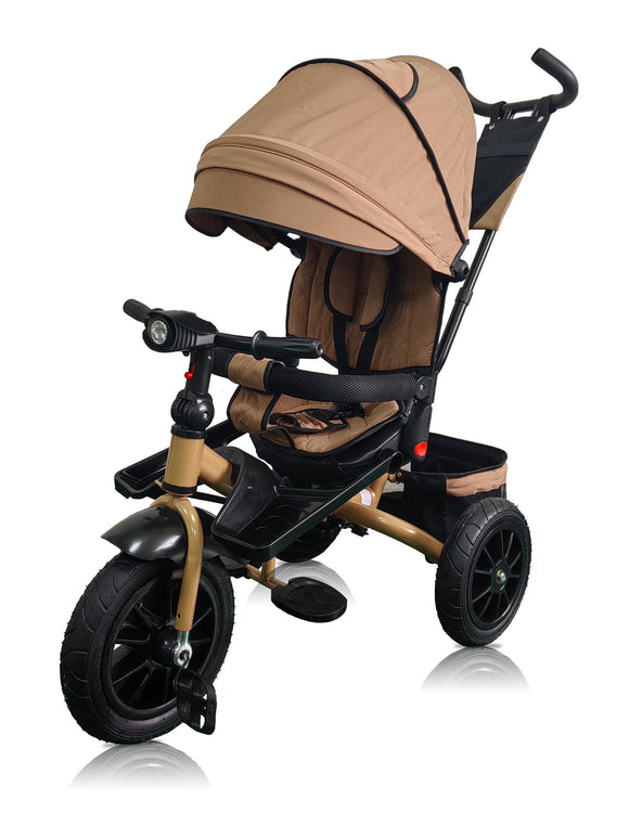 Tricicleta roti cauciuc plin, cu pozitie somn, scaun rotativ, muzica si lumini,culoare  BEJ CADRUL AURIU