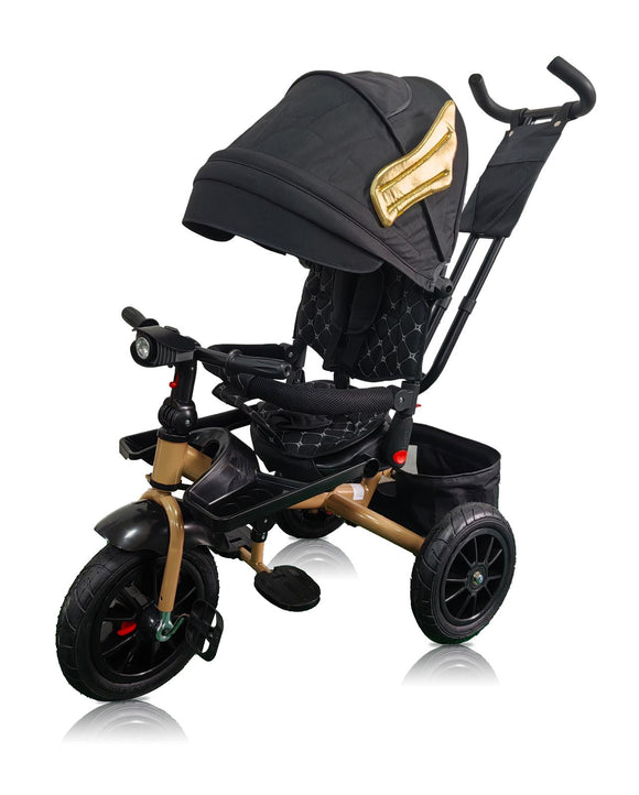 Tricicleta roti cauciuc plin, cu pozitie somn, scaun rotativ, muzica si lumini,culoare  NEGRU FLY