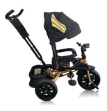 Tricicleta roti cauciuc plin, cu pozitie somn, scaun rotativ, muzica si lumini,culoare  NEGRU FLY