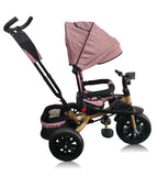 Tricicleta roti cauciuc plin, cu pozitie somn, scaun rotativ, muzica si lumini, culoare  ROZ PAL