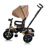 Tricicleta roti cauciuc plin, cu pozitie somn, scaun rotativ, muzica si lumini,culoare  BEJ CADRUL AURIU