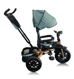 Tricicleta roti cauciuc plin, cu pozitie somn, scaun rotativ, muzica si lumini,culoare  VERDE CADRUL AURIU