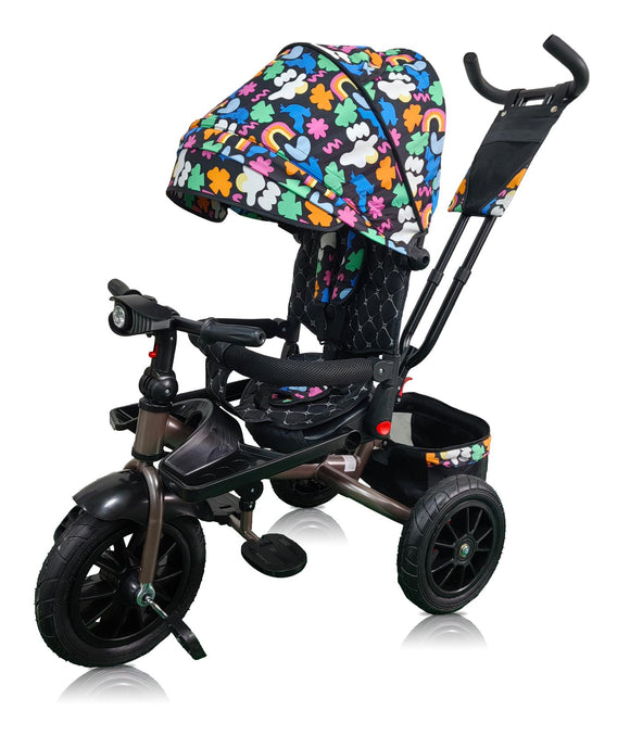 Tricicleta roti cauciuc plin, cu pozitie somn, scaun rotativ, muzica si lumini,culoare   CURCUBEU