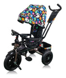 Tricicleta roti cauciuc plin, cu pozitie somn, scaun rotativ, muzica si lumini,culoare   CURCUBEU