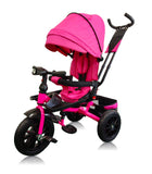 Tricicleta roti cauciuc plin, cu pozitie somn, scaun rotativ, muzica si lumini,culoare  ROZ