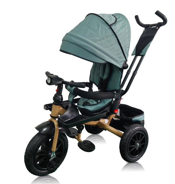 Tricicleta roti cauciuc plin, cu pozitie somn, scaun rotativ, muzica si lumini,culoare  VERDE CADRUL AURIU