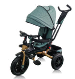 Tricicleta roti cauciuc plin, cu pozitie somn, scaun rotativ, muzica si lumini,culoare  VERDE CADRUL AURIU