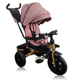 Tricicleta roti cauciuc plin, cu pozitie somn, scaun rotativ, muzica si lumini, culoare  ROZ PAL