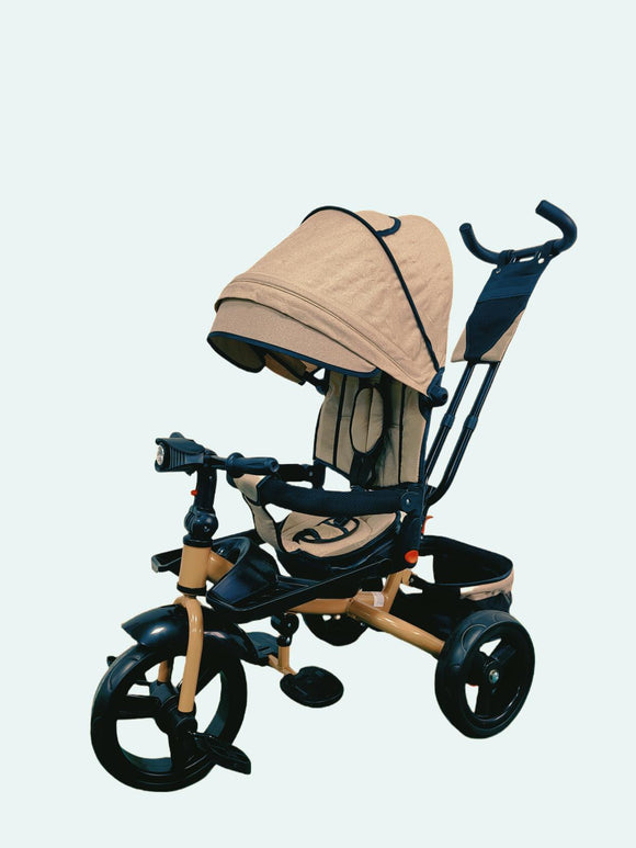 Tricicleta cu pozitie de somn, scaun rotativ si muzica distractiva, Bej, Cadrul auriu