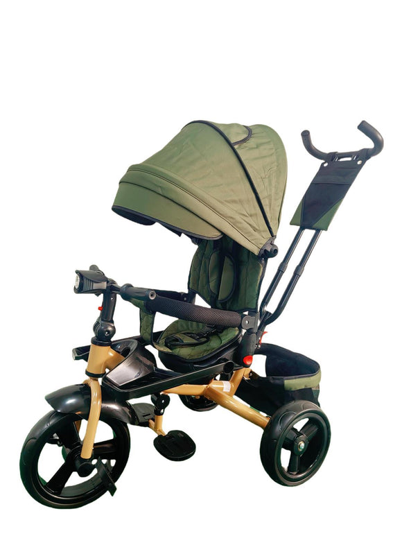 Tricicleta cu pozitie de somn, scaun rotativ si muzica distractiva, Verde Armi, Cadrul Auriu