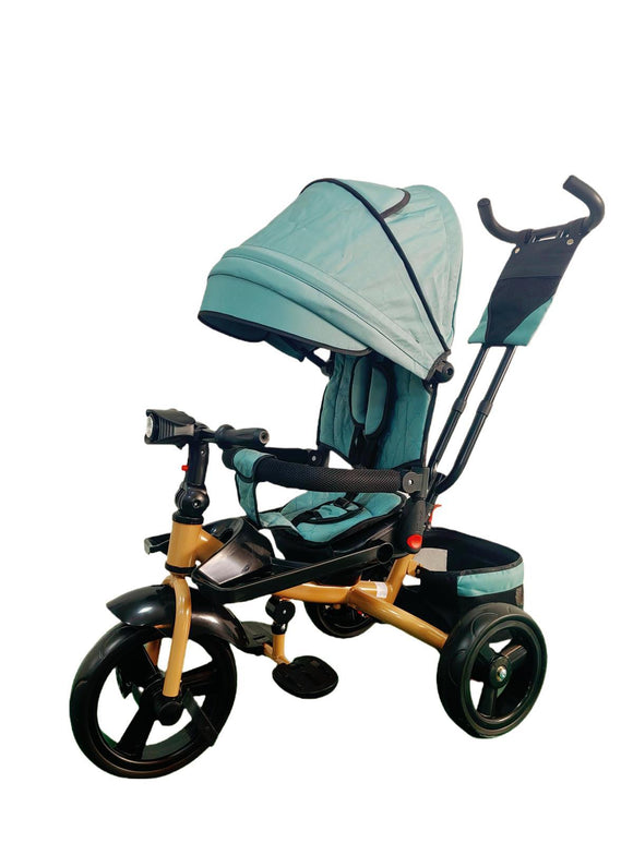 Tricicleta cu pozitie de somn, scaun rotativ si muzica distractiva, Verde Menta, Cadrul auriu