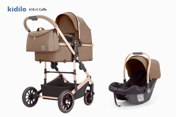 Carucior 3 in 1, Kidilo, cu suspensii, Geanta termica pentru accesorii si salteluta, Landou reversibil, Cadru aluminiu, BBDA10COFFE