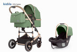 Carucior 3 in 1, Kidilo, cu suspensii, Geanta termica pentru accesorii si salteluta, Landou reversibil, Cadru aluminiu, BBDA10GREEN