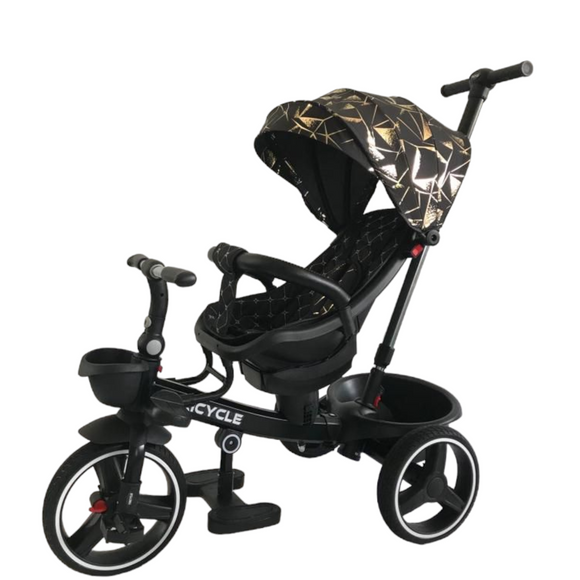 Tricicleta pentru copii, cu pozitie de somn si scaunel tip scoica reversibil,  culoare negru/auriu, BBD6017NA