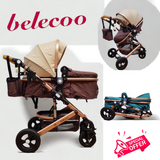 Carucior Belecoo , model 2 in 1 cu suspensii si roti cauciuc plin ,recomandat 0-36 luni, culoare bej/maro , BBDBLCBM