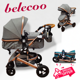 Carucior Belecoo , model 2 in 1 cu suspensii si roti cauciuc plin ,recomandat 0-36 luni, culoare GRI, BBDBLCG