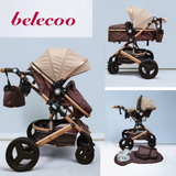 Carucior Belecoo 3 in 1 cu suspensii si roti cauciuc plin, reversibil, accesorizat culoare bej/maro BBD530WBM