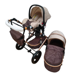 Carucior Belecoo 3 in 1 cu suspensii si roti cauciuc plin, reversibil, accesorizat culoare bej/maro BBD530WBM