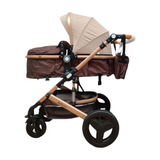 Carucior Belecoo 3 in 1 cu suspensii si roti cauciuc plin, reversibil, accesorizat culoare bej/maro BBD530WBM