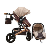 Carucior Belecoo 3 in 1 cu suspensii si roti cauciuc plin, reversibil, accesorizat culoare bej/maro BBD530WBM
