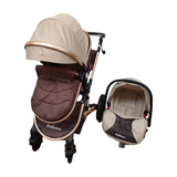Carucior Belecoo 3 in 1 cu suspensii si roti cauciuc plin, reversibil, accesorizat culoare bej/maro BBD530WBM