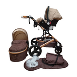 Carucior Belecoo 3 in 1 cu suspensii si roti cauciuc plin, reversibil, accesorizat culoare bej/maro BBD530WBM