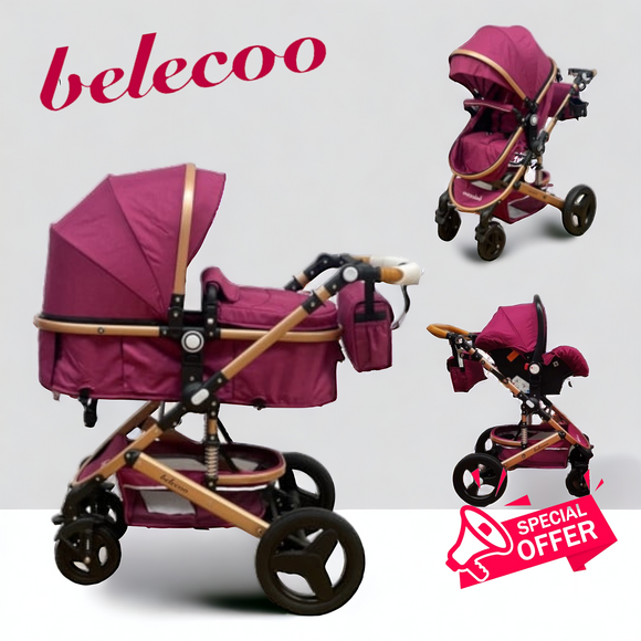 Carucior Belecoo 3 in 1 cu suspensii si roti cauciuc plin, reversibil, accesorizat culoare MOV, BBD530WM