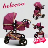 Carucior Belecoo 3 in 1 cu suspensii si roti cauciuc plin, reversibil, accesorizat culoare MOV, BBD530WM