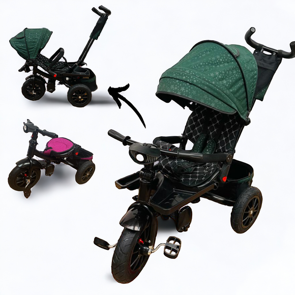 Tricicleta roti cauciuc plin, cu pozitie somn, scaun rotativ, muzica si lumini,culoare  VERDE SMARALD, BBD5299VS