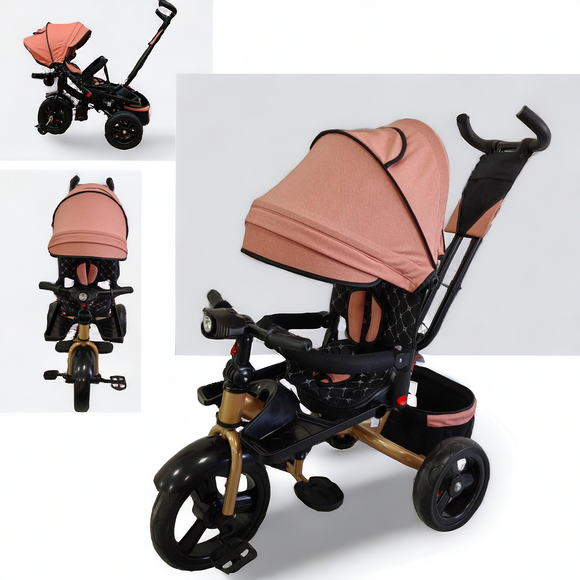 Tricicleta cu pozitie de somn, scaun rotativ si muzica distractiva, Roz Somon 5099NWRZ