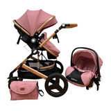 Carucior Belecoo 3 in 1 cu suspensii si roti cauciuc plin, reversibil, accesorizat culoare Roz/Negru, BBD530WT