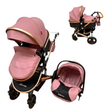 Carucior Belecoo 3 in 1 cu suspensii si roti cauciuc plin, reversibil, accesorizat culoare Roz/Negru, BBD530WT