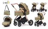 Carucior 3 in 1 Kidilo H2D+C Premium cu Landou, Parte Sport si Scoica Auto, Include saculet de picioare, Geanta pentru parinti, Sustine 22 kg, Olive