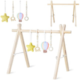 Arcada de activitati Montessori, Lionelo, Anis, Din lemn de pin, Jucarii plus, 4 jucarii suspendate, Stimuleaza simturile, Pliere rapida, 0+ luni, Multicolor