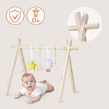 Arcada de activitati Montessori, Lionelo, Anis, Din lemn de pin, Jucarii plus, 4 jucarii suspendate, Stimuleaza simturile, Pliere rapida, 0+ luni, Multicolor