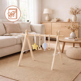 Arcada de activitati Montessori, Lionelo, Anis, Din lemn de pin, Jucarii plus, 4 jucarii suspendate, Stimuleaza simturile, Pliere rapida, 0+ luni, Multicolor