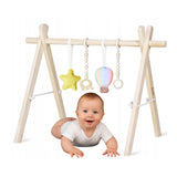 Arcada de activitati Montessori, Lionelo, Anis, Din lemn de pin, Jucarii plus, 4 jucarii suspendate, Stimuleaza simturile, Pliere rapida, 0+ luni, Multicolor