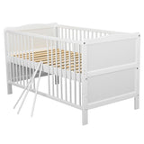 Patut din lemn bebe, Transformabil si pentru junior, 140x70 cm, Din lemn de pin si mdf, Stabil si rezistent, Inaltime saltea reglabila pe 3 nivele, Laterala cu 3 bete detasabile, EN716-1, EN716-2, Alb, Babyneeds, Nadia