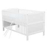 Patut din lemn bebe, Transformabil si pentru junior, 140x70 cm, Din lemn de pin si mdf, Stabil si rezistent, Inaltime saltea reglabila pe 3 nivele, Laterala cu 3 bete detasabile, EN716-1, EN716-2, Alb, Babyneeds, Nadia