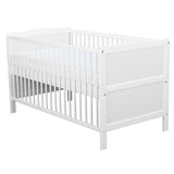 Patut din lemn bebe, Transformabil si pentru junior, 140x70 cm, Din lemn de pin si mdf, Stabil si rezistent, Inaltime saltea reglabila pe 3 nivele, Laterala cu 3 bete detasabile, EN716-1, EN716-2, Alb, Babyneeds, Nadia