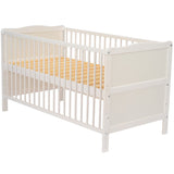 Patut din lemn bebe, Transformabil si pentru junior, 140x70 cm, Din lemn de pin si mdf, Stabil si rezistent, Inaltime saltea reglabila pe 3 nivele, Laterala cu 3 bete detasabile, EN716-1, EN716-2, Alb, Babyneeds, Nadia + Saltea 12 cm