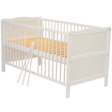 Patut din lemn bebe, Transformabil si pentru junior, 140x70 cm, Din lemn de pin si mdf, Stabil si rezistent, Inaltime saltea reglabila pe 3 nivele, Laterala cu 3 bete detasabile, EN716-1, EN716-2, Alb, Babyneeds, Nadia + Saltea 12 cm